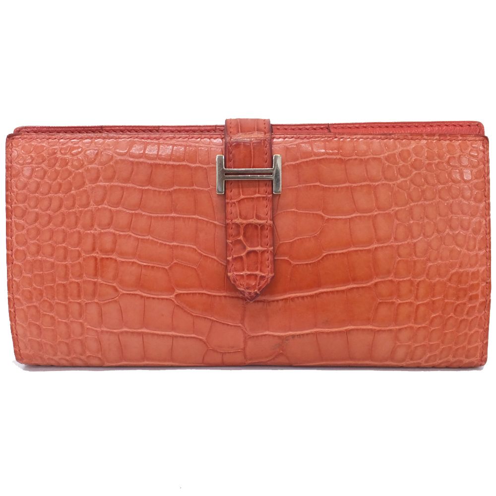 天白】HERMES エルメス ベアンスフレ アリゲーター レッド系 シルバー 