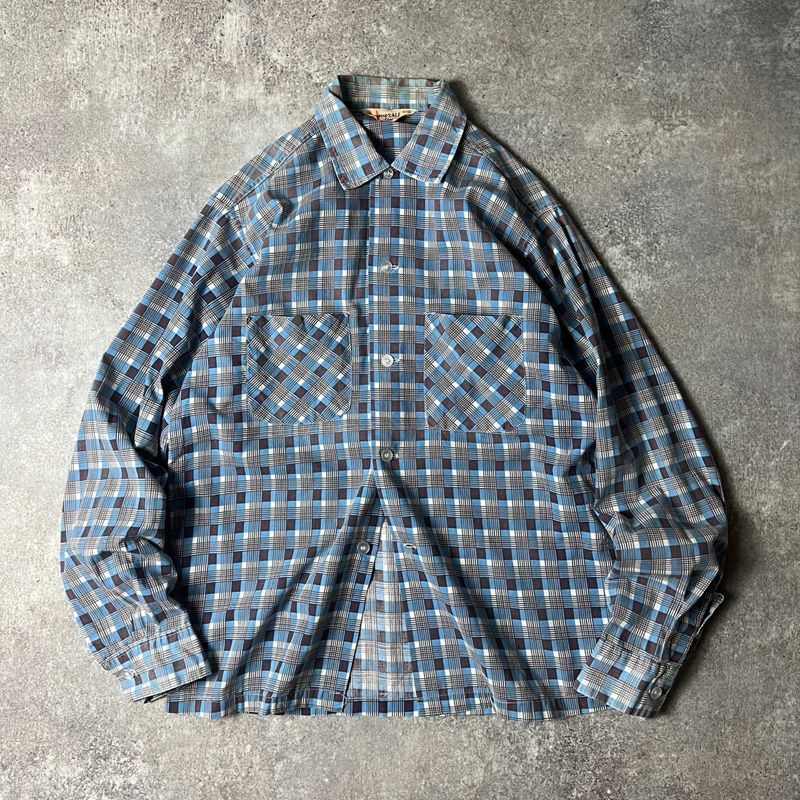 60s TOPSALL チェック プリント 長袖 コットン シャツ S / 60年代 