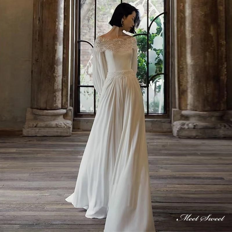 ウェディングドレス ロングドレス スレンダーライン オフショルダー 長袖 二次会 結婚式 前撮り 花嫁 ウエディングドレス サテン 海外挙式 ブライダル xzdsbqz