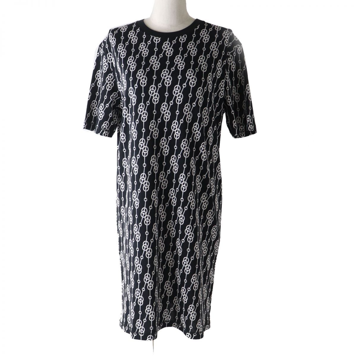 ◎ 22SS HERMES エルメス レディース 2E4501DG レディース 半袖 Tシャツ ワンピース クリケティス柄 ブラック×白 38