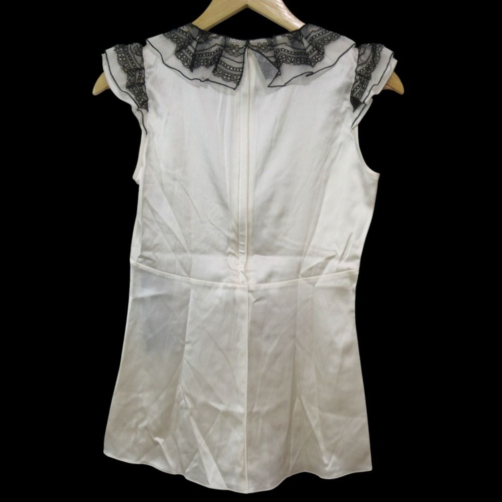 ♥ DOLCE-GABBANA ドルチェ＆ガッバーナ シルクブレンド レース リボン Vネック ノースリーブ ブラウス 40 アイボリー×ブラック レディース 古着