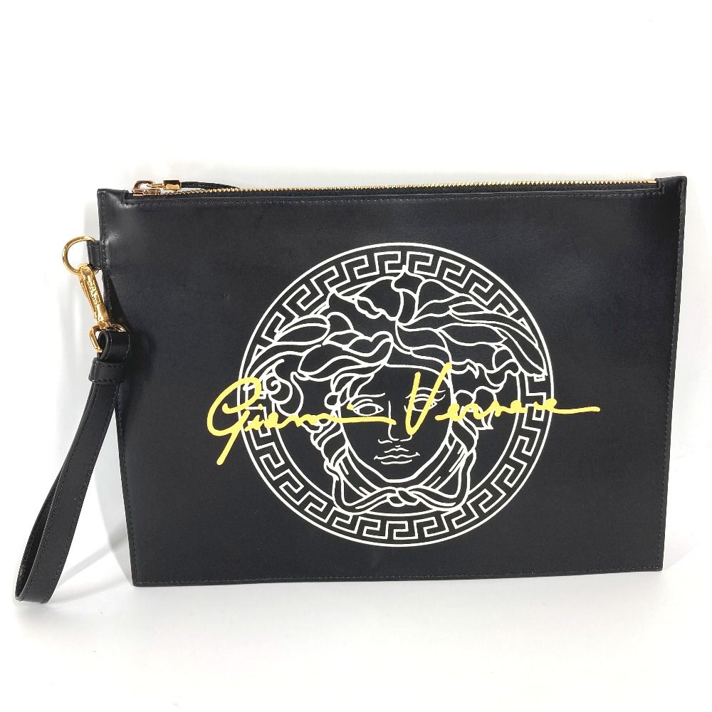 美品 ヴェルサーチ レザー クラッチバッグ メデューサ ロゴ型押し ブラック VERSACE ヴェルサーチ クラッチバッグ メデューサ レザー