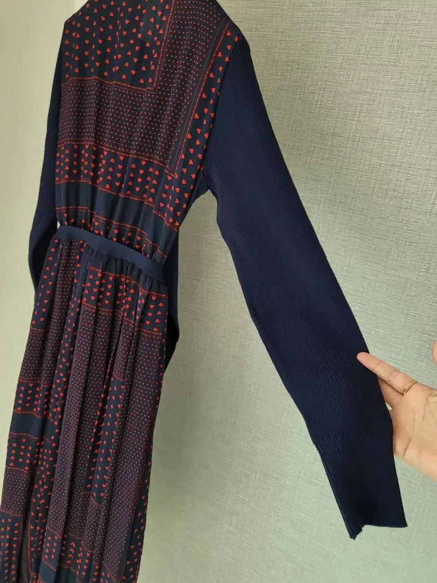 ネイビー ニット+シフォン ロング丈ワンピース