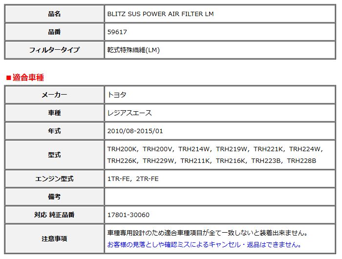 BLITZ ブリッツ サスパワー エアフィルター LM 純正交換タイプ レジアスエース TRH200K TRH200V TRH214W TRH219W 2010 08-2015 01 59617