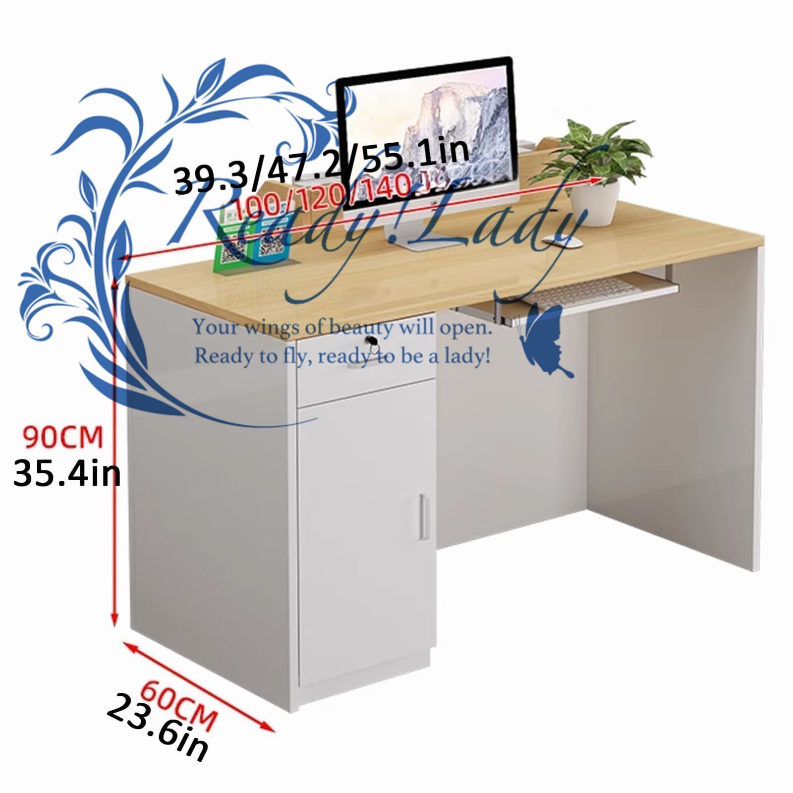 受付カウンター ディスプレイ棚付きフロントデスク 鍵付き引き出し付き受付カウンター キーボードトレイ付きカウンターテーブル ショッ