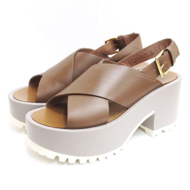 【新品未使用】MARNI マルニ　ブラウン クロスストラップサンダル　37 箱付 マルニ MARNI クロスサンダル ストラップ 厚底 レザー イタリア製