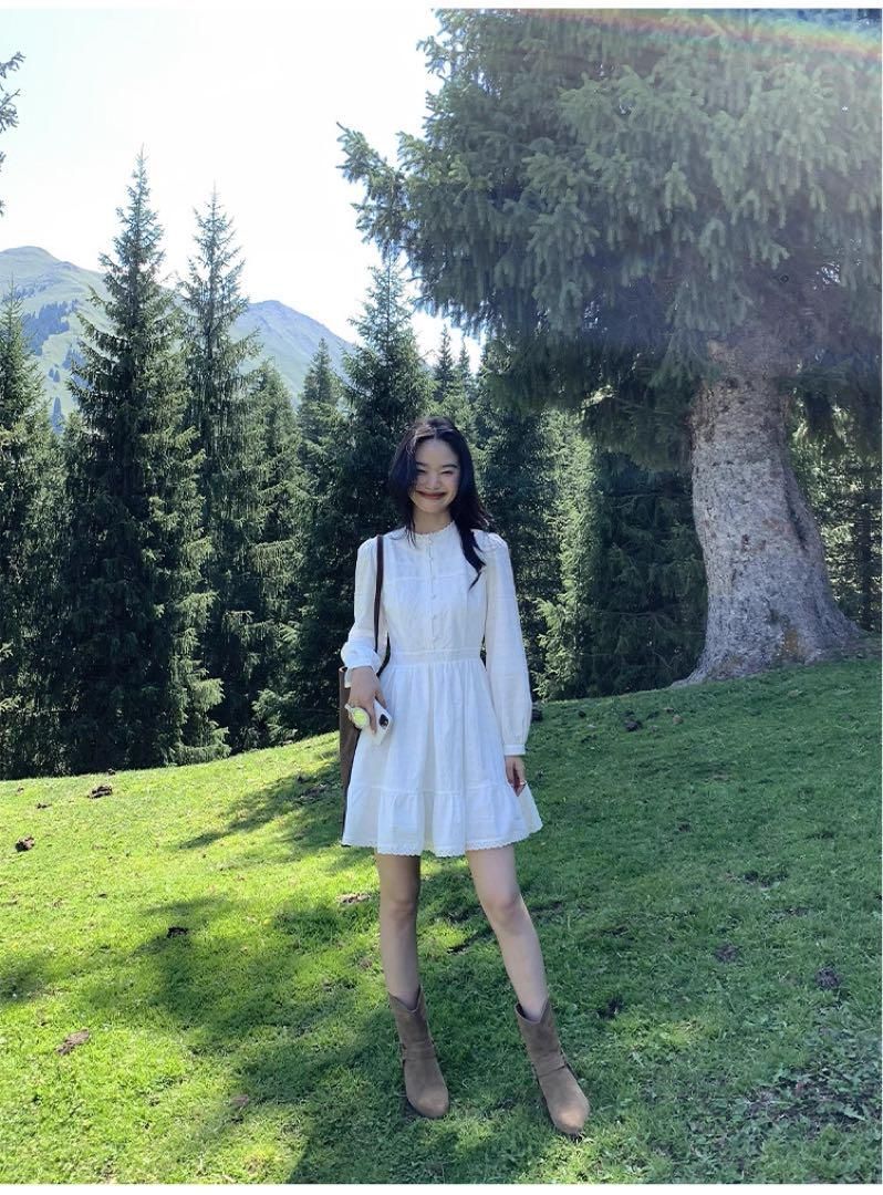 ♥ 韓国風ふわ可愛いレースドレス ひざ丈ワンピース夏秋用