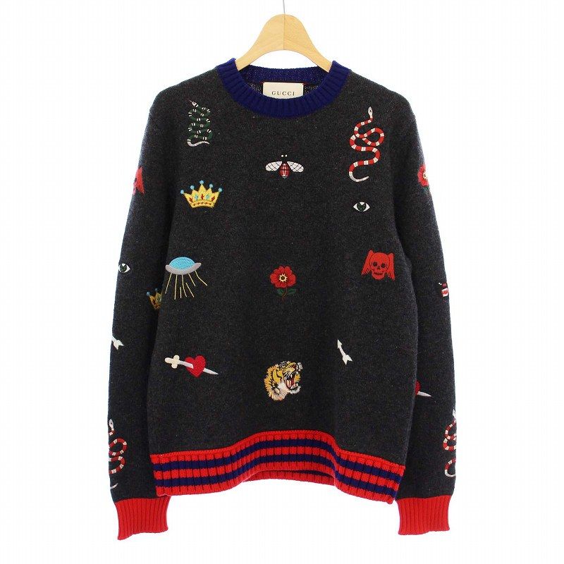 グッチ GUCCI エンブロイダリー ニット セーター 長袖 アイコン刺繍 XS ダークグレー 474123 |KH
