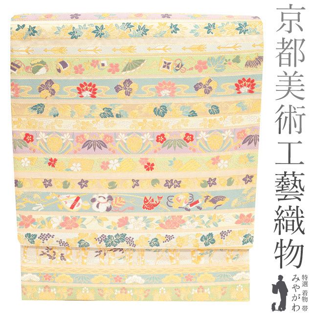 袋帯 京都 工藝美術織物 正絹 ベージュ 宝尽くし 松竹梅 兎 鶴 鯛 和楽器 横段 金糸 フォーマル 新古品 仕立て上がり みやがわ sb51574 新古品】 袋帯 京都 工藝美術織物 正絹 ベージュ 宝尽くし 松竹梅 兎