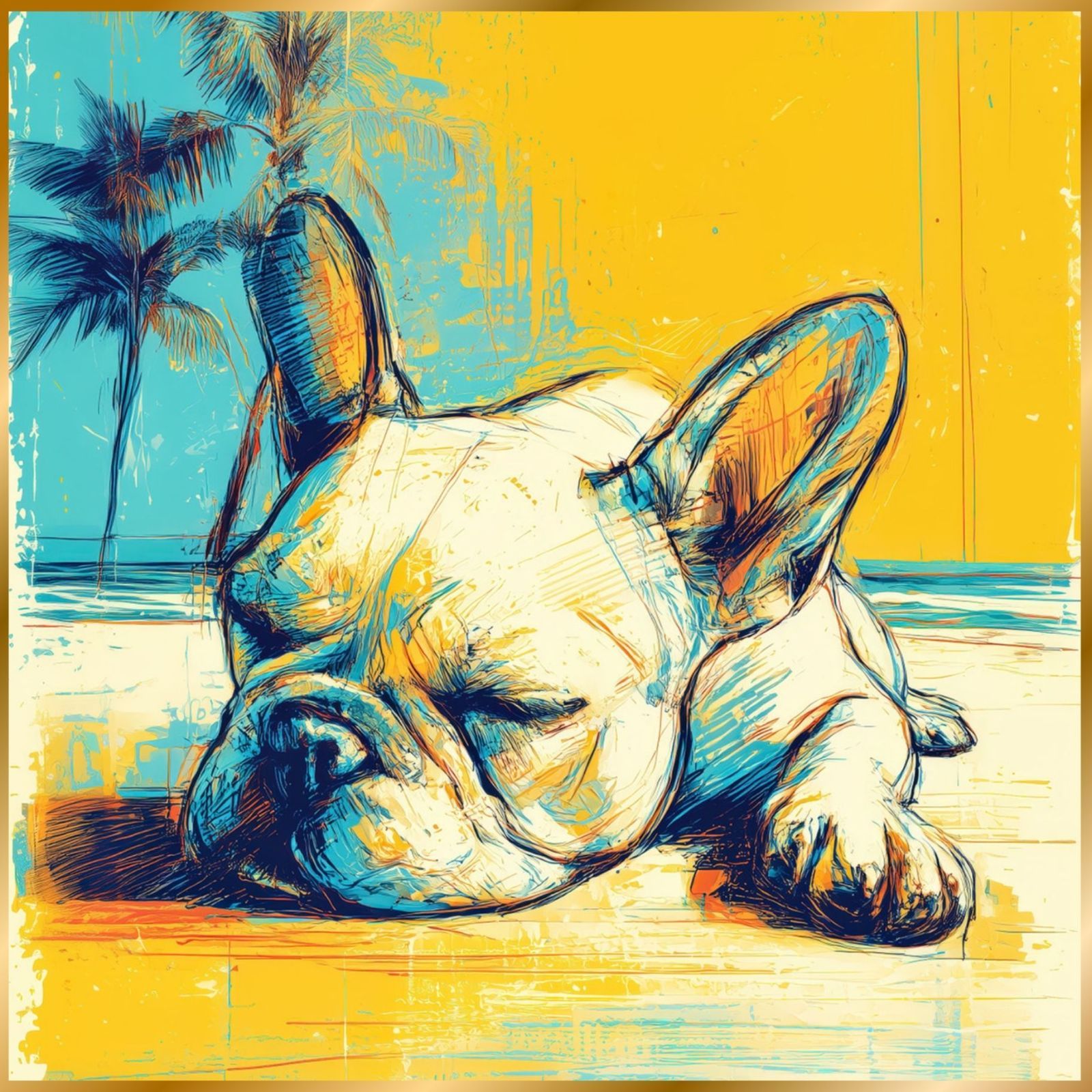 フレンチブルドッグ犬とビーチのスケッチ No.3 海 犬の絵 犬のイラスト おしゃれ ミニマリスト ミニマリズム シンプル インテリアアート ペットロス うちの子 記念日 アートポスター ギフト プレゼント