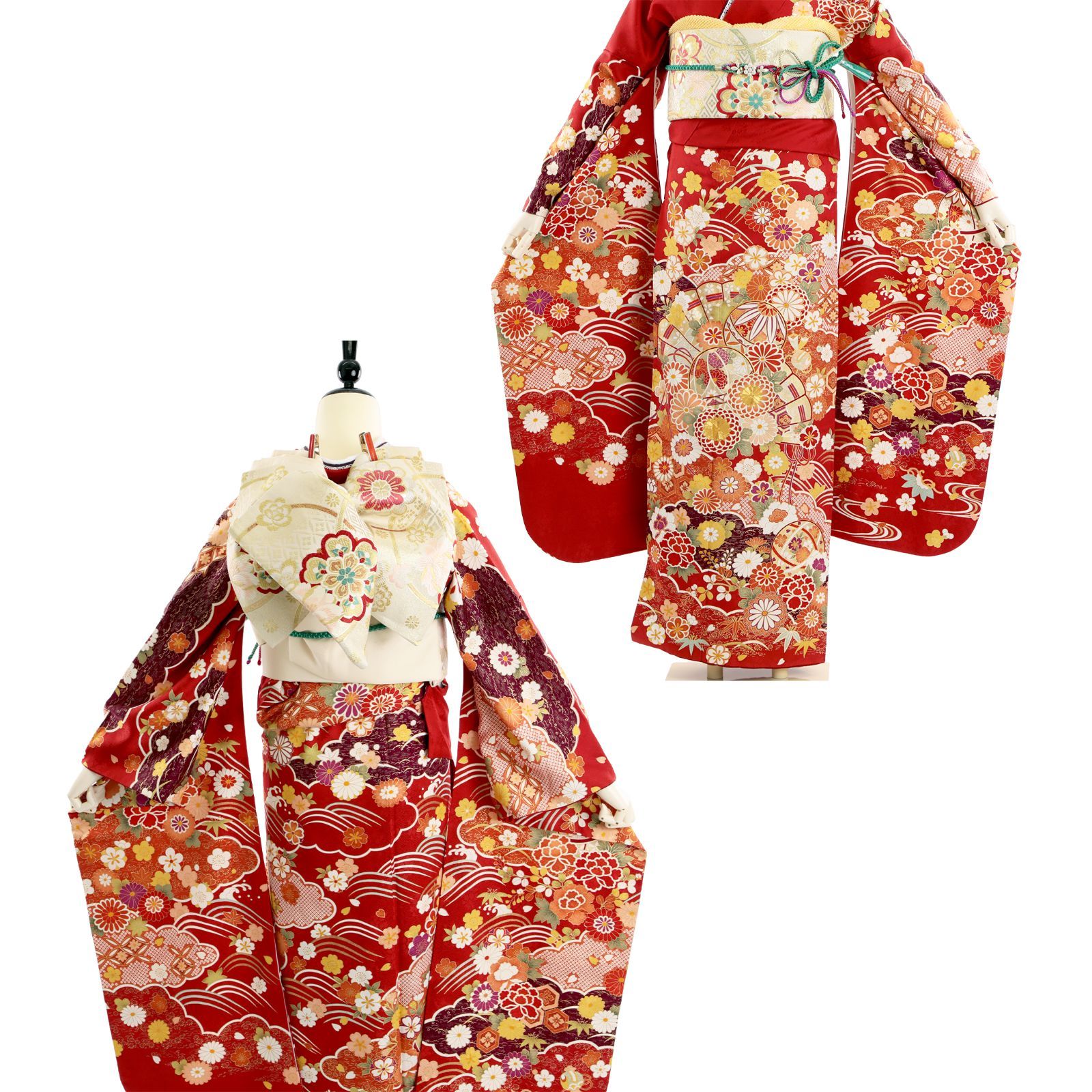 振袖 振袖フルセット 振袖セット USED振袖 中古 赤 古典柄 鞠 金駒刺繍 