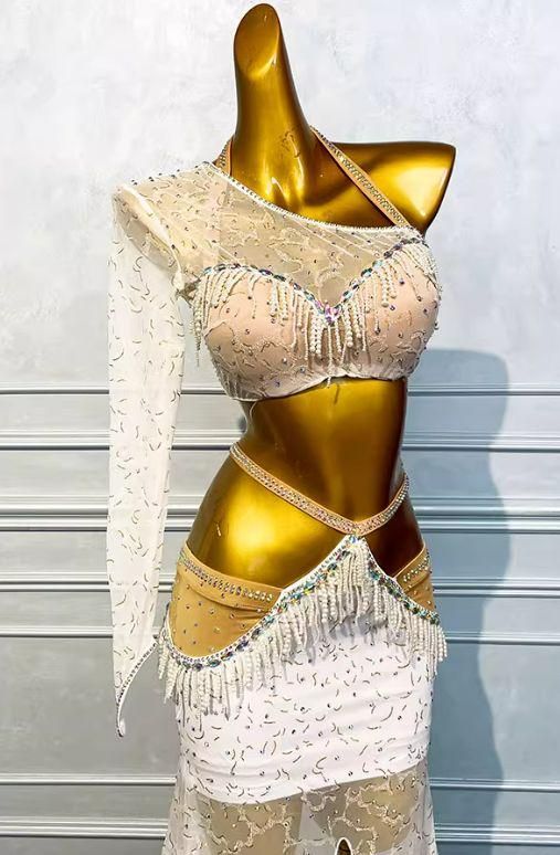 ベリーダンス オリエンタル衣装 3点セット 透けます ホワイトオーダーメイド ベリーダンス オリエンタル衣装 3点セット 透けます ホワイト