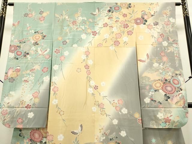 平和屋着物○豪華振袖 扇面吉祥鴛鴦花蝶文 暈し染め 金彩 正絹 逸品