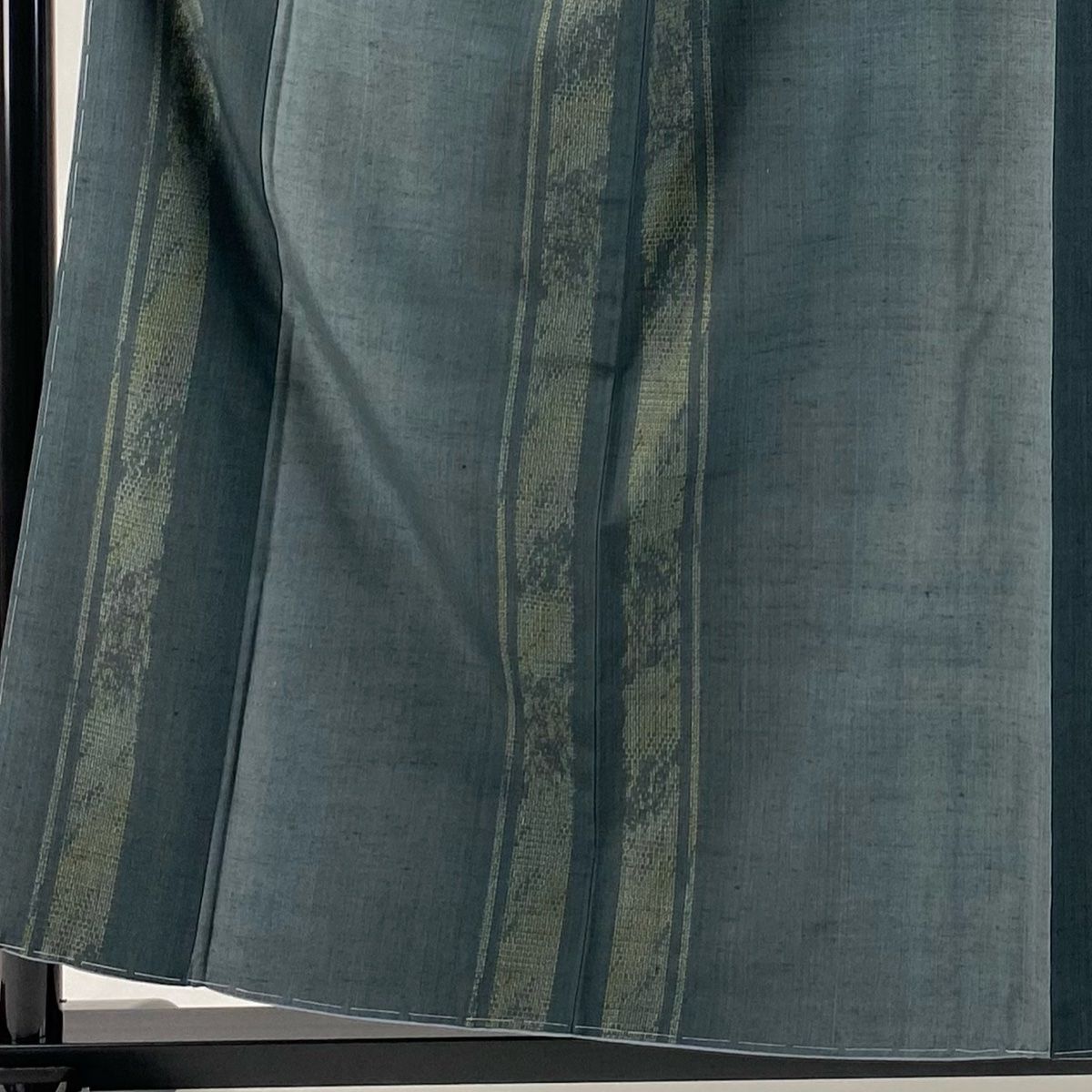 結城紬 身丈158.5cm 裄丈66cm M 袷 はたおり娘 やまと 証紙 縞 亀甲絣 灰緑 正絹