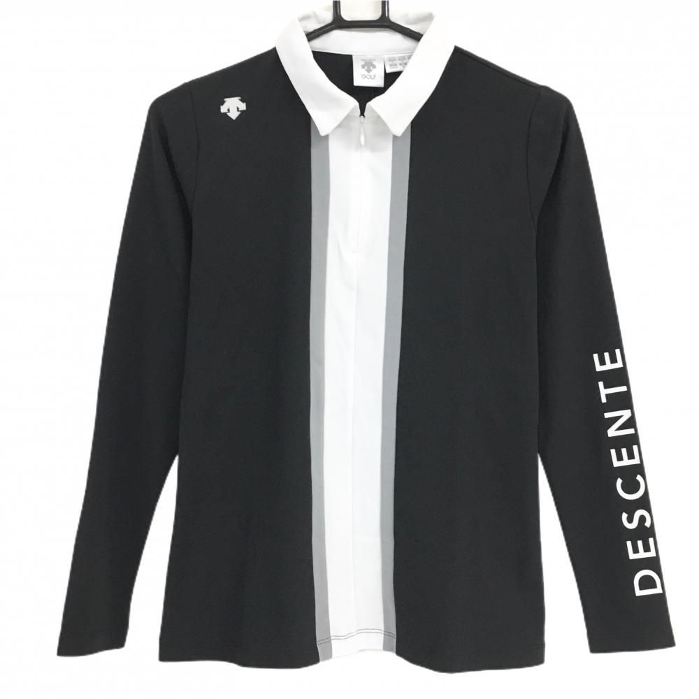 デサントゴルフ 長袖ポロシャツ 黒×白 ハーフジップ 肩ロゴ 中田英寿 レディース M ゴルフウェア DESCENTE