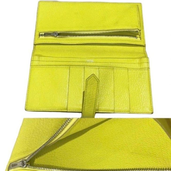 美品☆　エルメス　ベアンスフレ　長財布　シェーブル　ライム　□Q刻印 エルメス ベアンスフレ 長財布 ライム シルバー金具 シェーブル