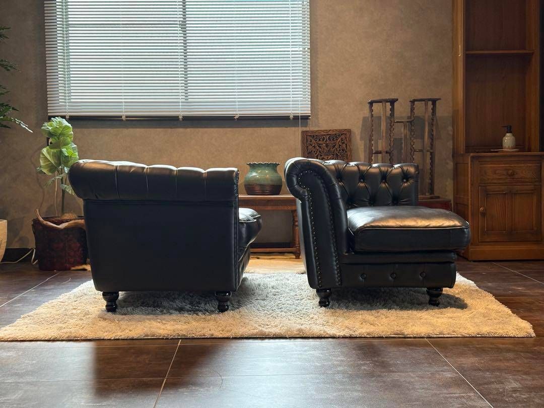 ヴィンセントボタンダウンソファアンティークレザーブラック IZZ