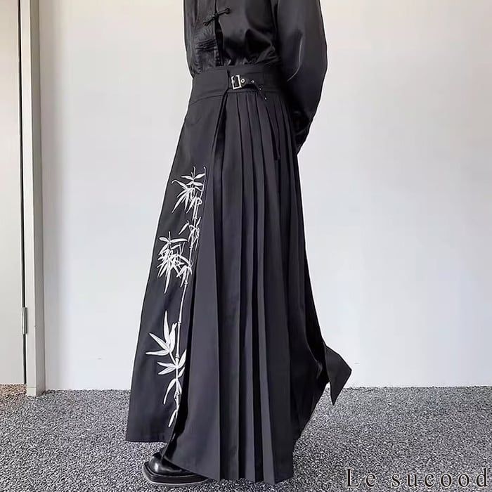 Le sucood バンブー刺繍プリーツラップスカート 和柄 巻きA