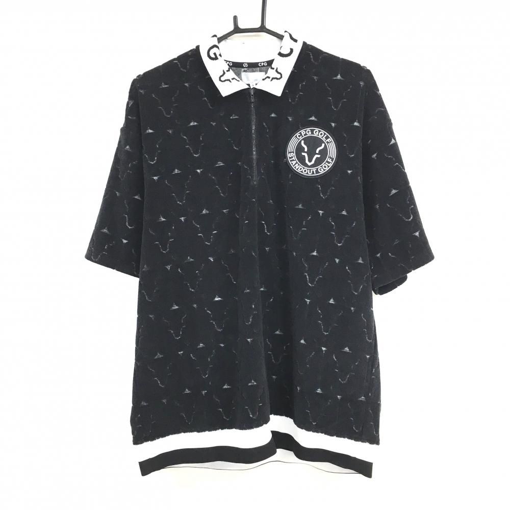 新品】CPG 半袖ハイネックシャツ 黒×白 ロゴ総柄 パイル地
