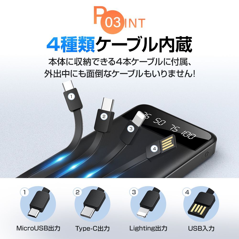 2024新登場 40000mAh大容量 4本ケーブル内蔵 モバイルバッテリー 大