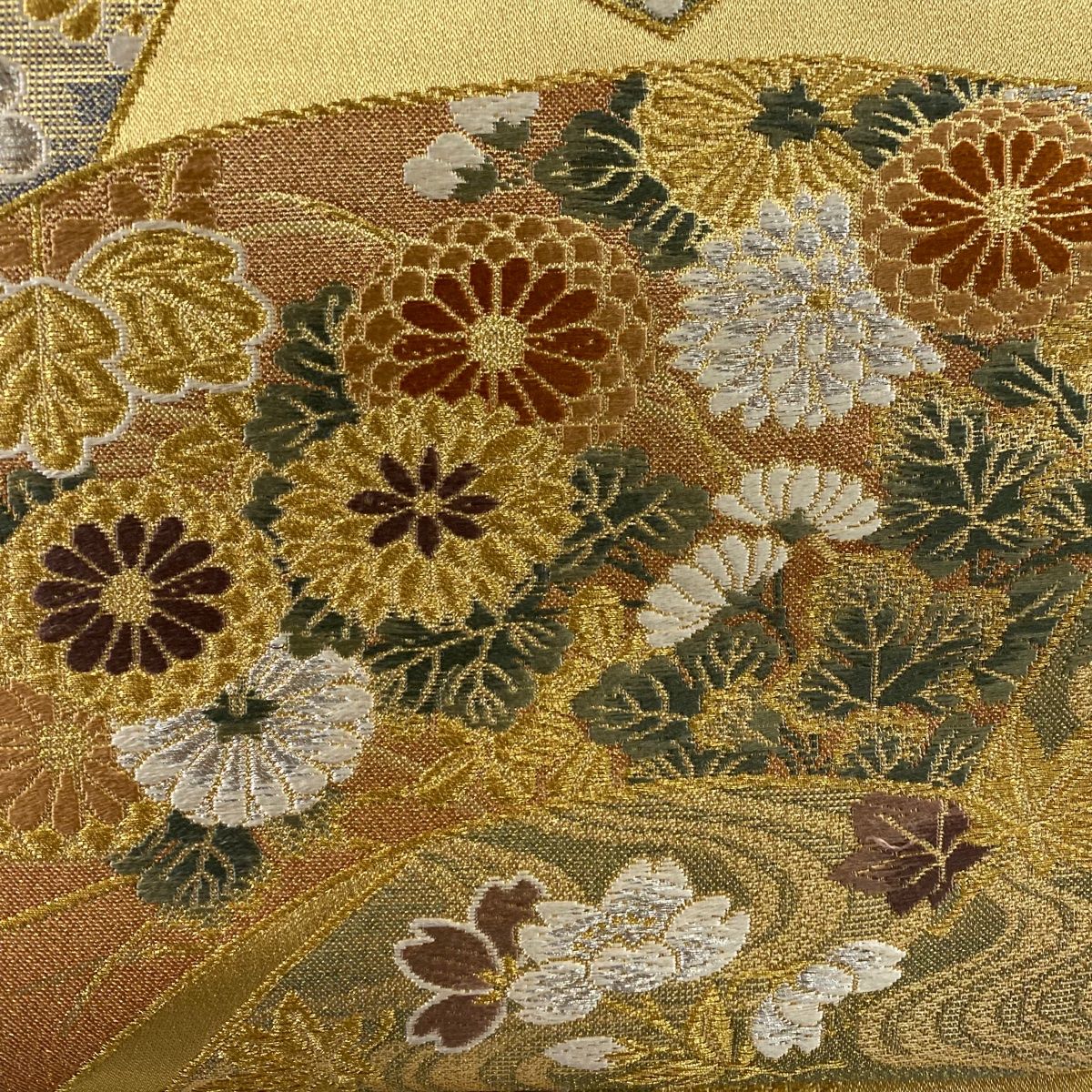 袋帯 秀品 草花 扇面 金銀糸 箔 金色 六通 正絹