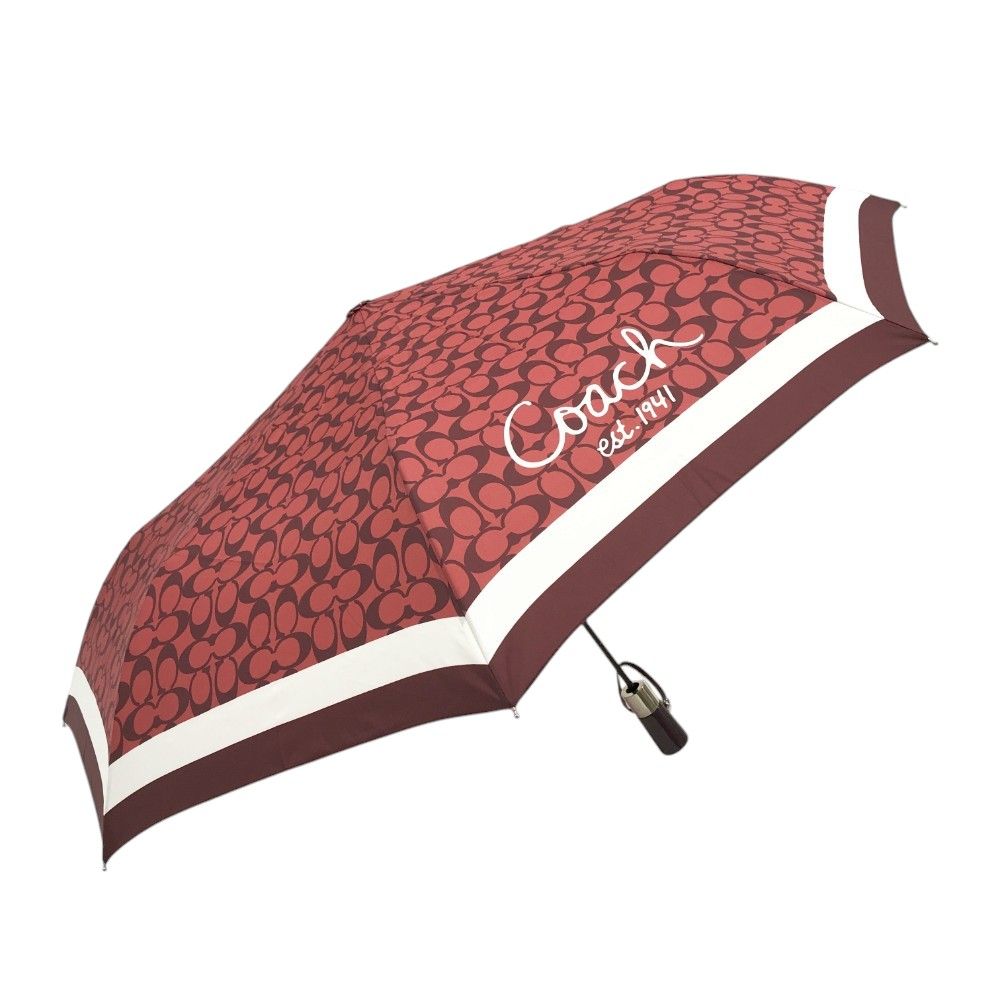 COACH コーチ 折り畳み傘 シグネチャー柄×レッド 折りたたみ 雨傘