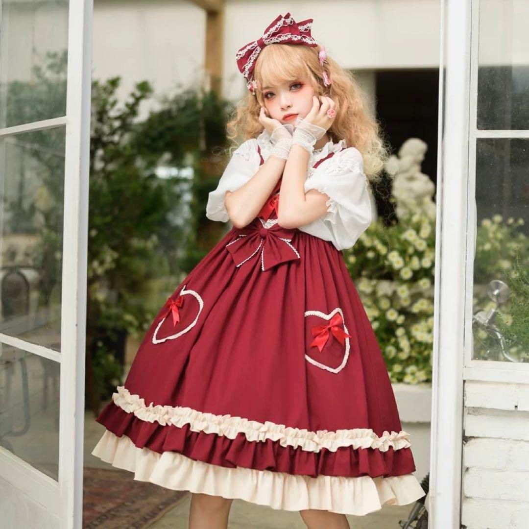 【ロリータ】赤ハートポケットJSK♪ベージュ×リボン 甘ロリ❤️ ロリータ】赤ハートポケットJSK♪ベージュ×リボン 甘ロリ