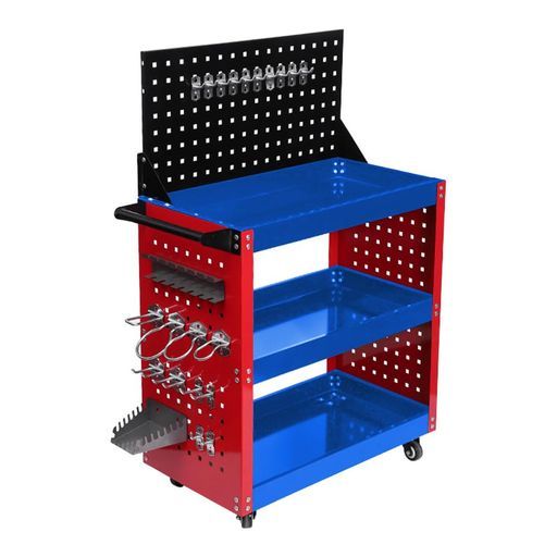 MIMIERツールワゴン工具ワゴン3段キャスター付メッシュパネル側面プレート耐荷重195KG360度回転ドライバーホールフックセット付収納ボックス付ハンドルDIYガレージツールカート工具カート