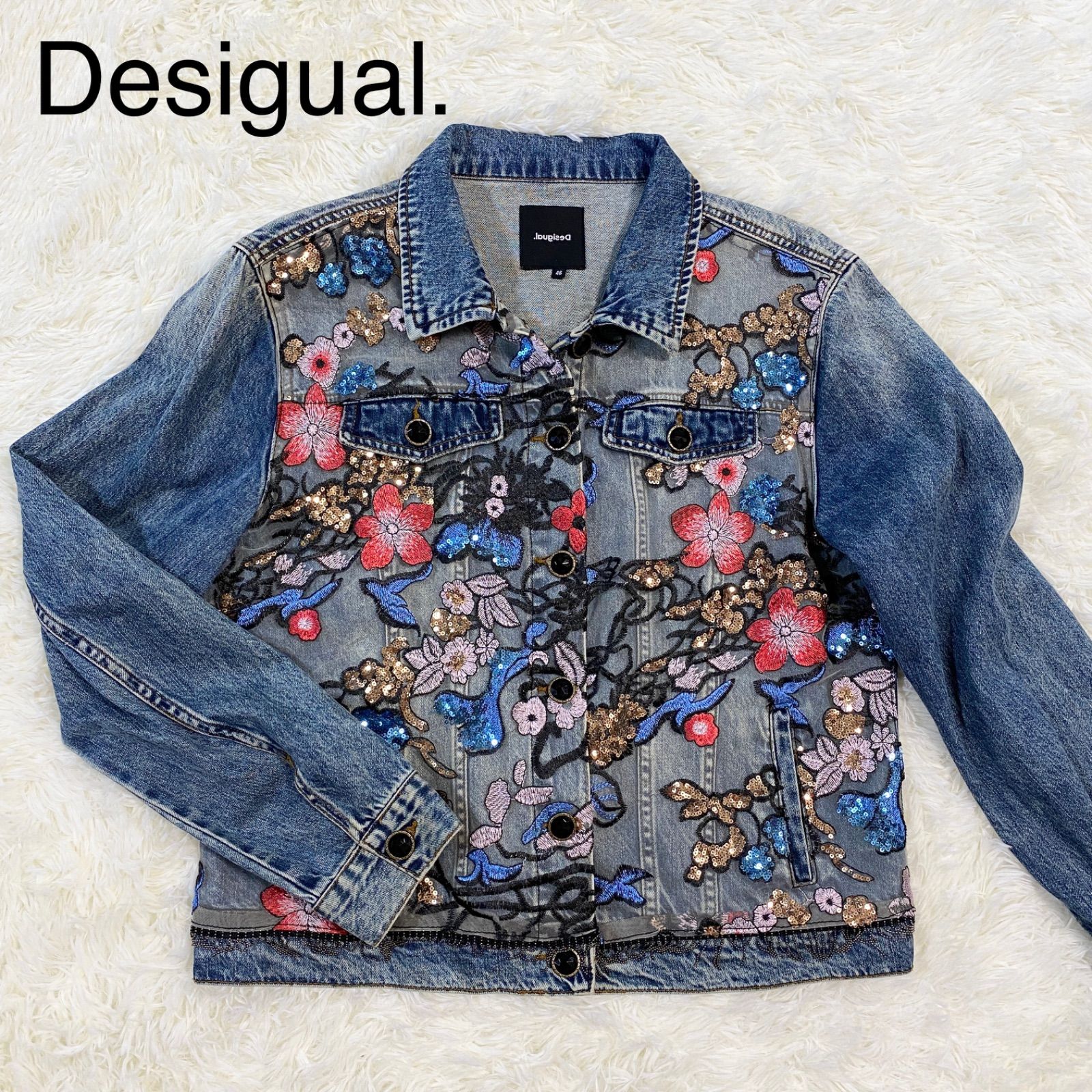 宅送] 刺繍 desigual デニムジャケット 花刺繍デニムジャケット レディース