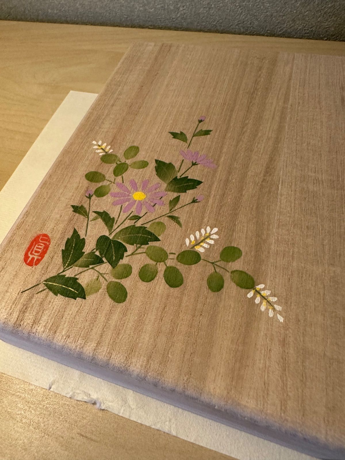 新品未使用 桐箱 足立真瑚画伯 小菊 手書き 絵付け 葉書 小箱