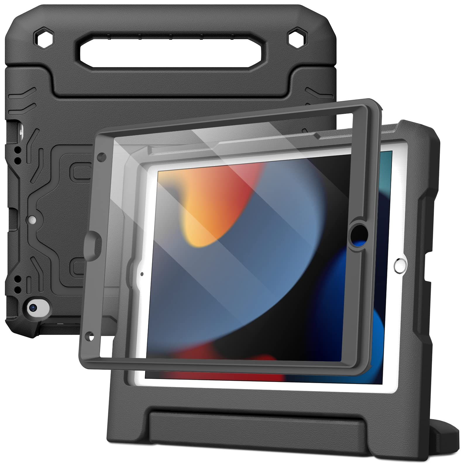 在庫 子供用 iPad 10.2インチ JEDirect ケース 第9|8|7世代 2021|2020|2019 液晶保護フィルム付き 耐衝撃 フルボディハンドルスタンド タブレット保護カバー ブラック