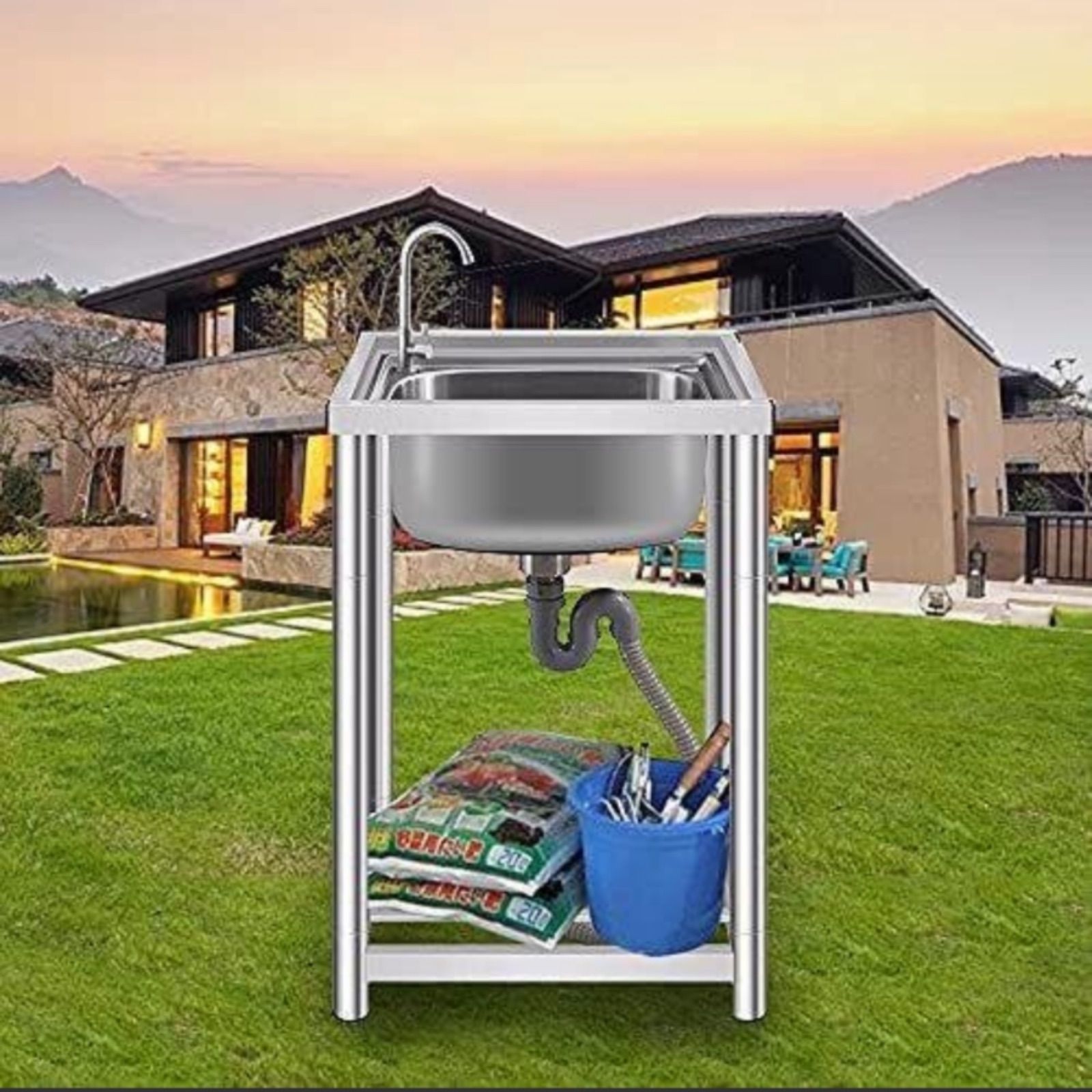 流し台 水栓付き ガーデンシンク 幅55cm奥行45cm 高さ80cmR757