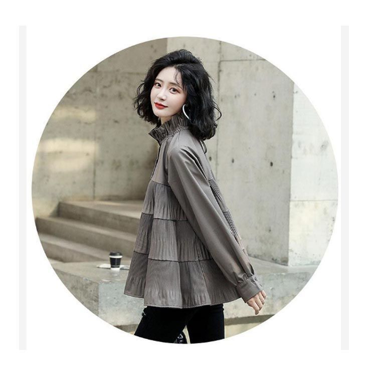 ティアード チュニック 即 OK 長袖 ブラウス レディース トップス ロング丈 ハイネック プリーツ ギャザー ボリューム袖 羽織り シャツ フ 着痩せ 細見え 無地 yunban 543