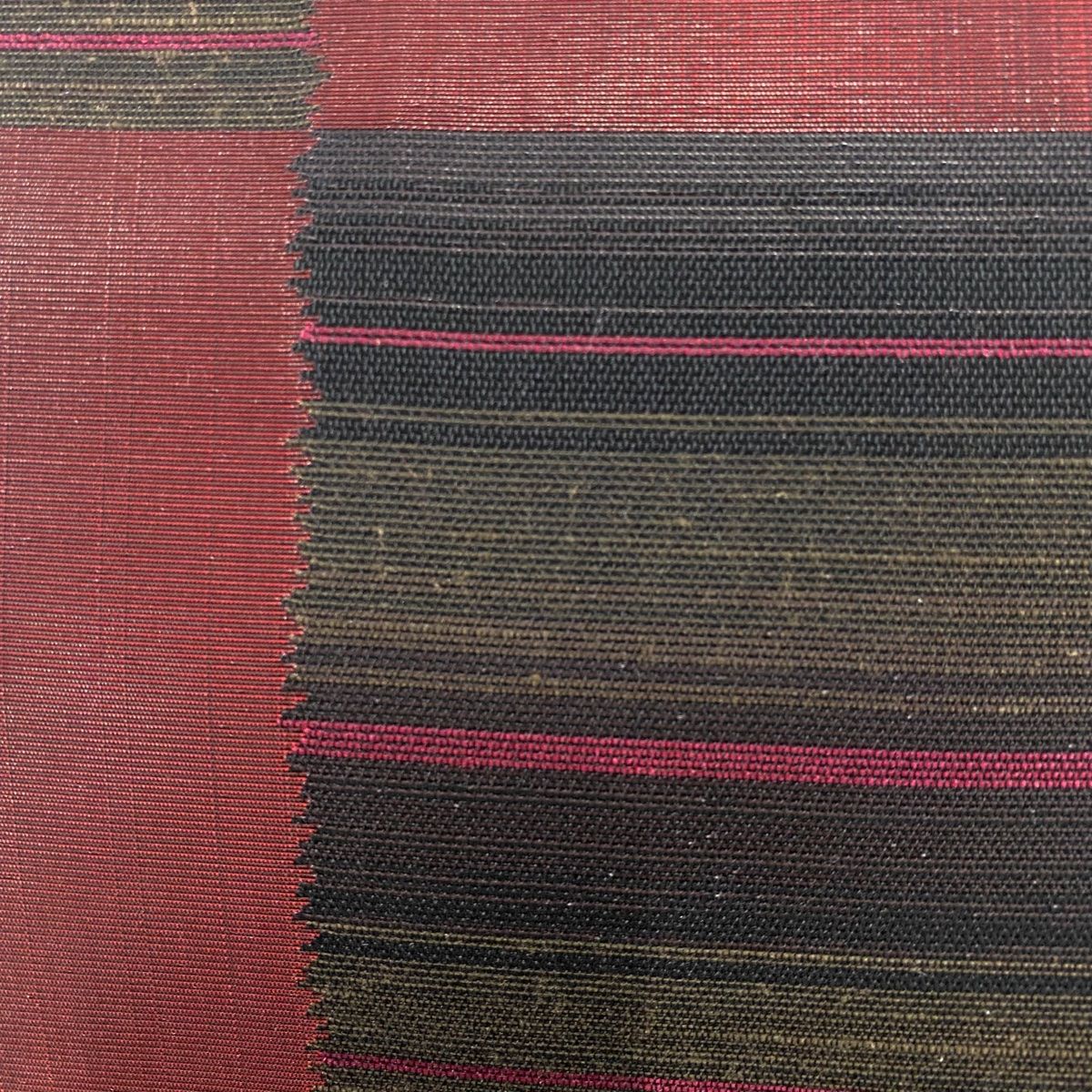 袋帯 洛陽織物 落款 変わり市松 縞 彩り箔 えんじ色 六通 正絹