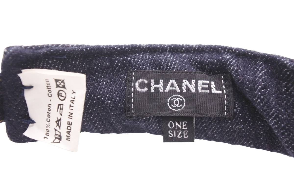 極美品 CHANEL シャネル デニム インディゴ サンバイザー ココマーク ゴールド 刺繍 ロゴ 帽子 小物 ONE SIZE 中古 48536