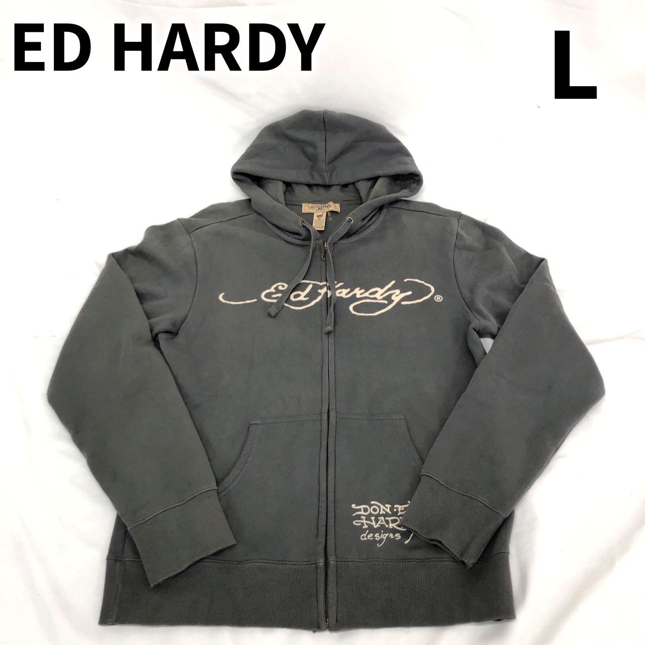 ED HARDY エドハーディー ジップアップ パーカー L  裏起毛 バックプリント フーディー 【送料無料】 MID