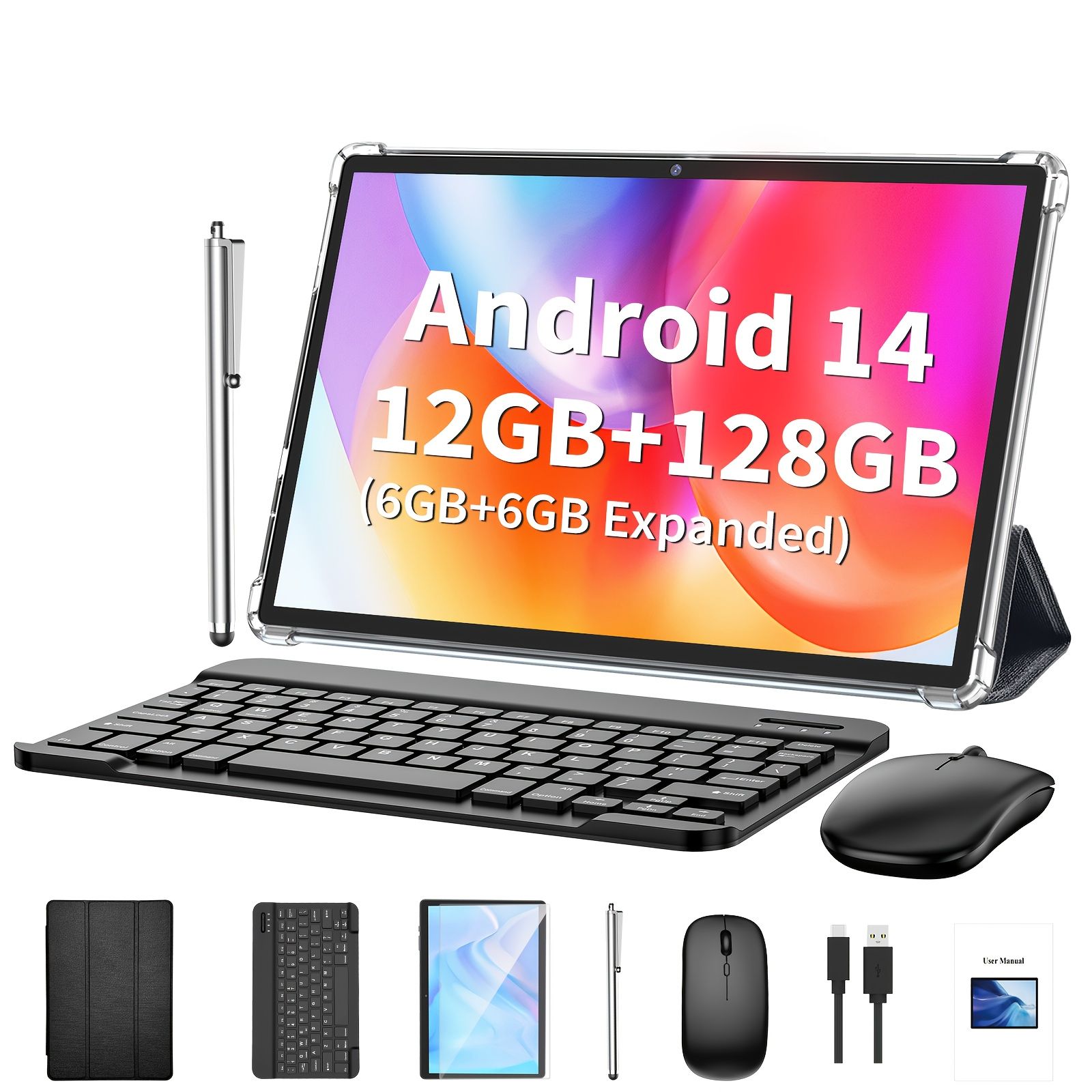 Relndoo Androidタブレットとキーボード Android 14タブレット 128GBのストレージ 6GB 6GBの拡張RAM 2 in 1タブレット ケース マウス スタイラス付きの10.1インチタブレット 1280x800IPS 2.4G|5G