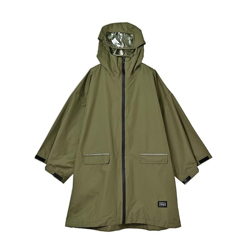 キウ(Kiu) 大雨対応 キッズ 袖付き 台風 ポンチョ はっ水 防水 レインポンチョ 無地 カーキ K71L-906 1
