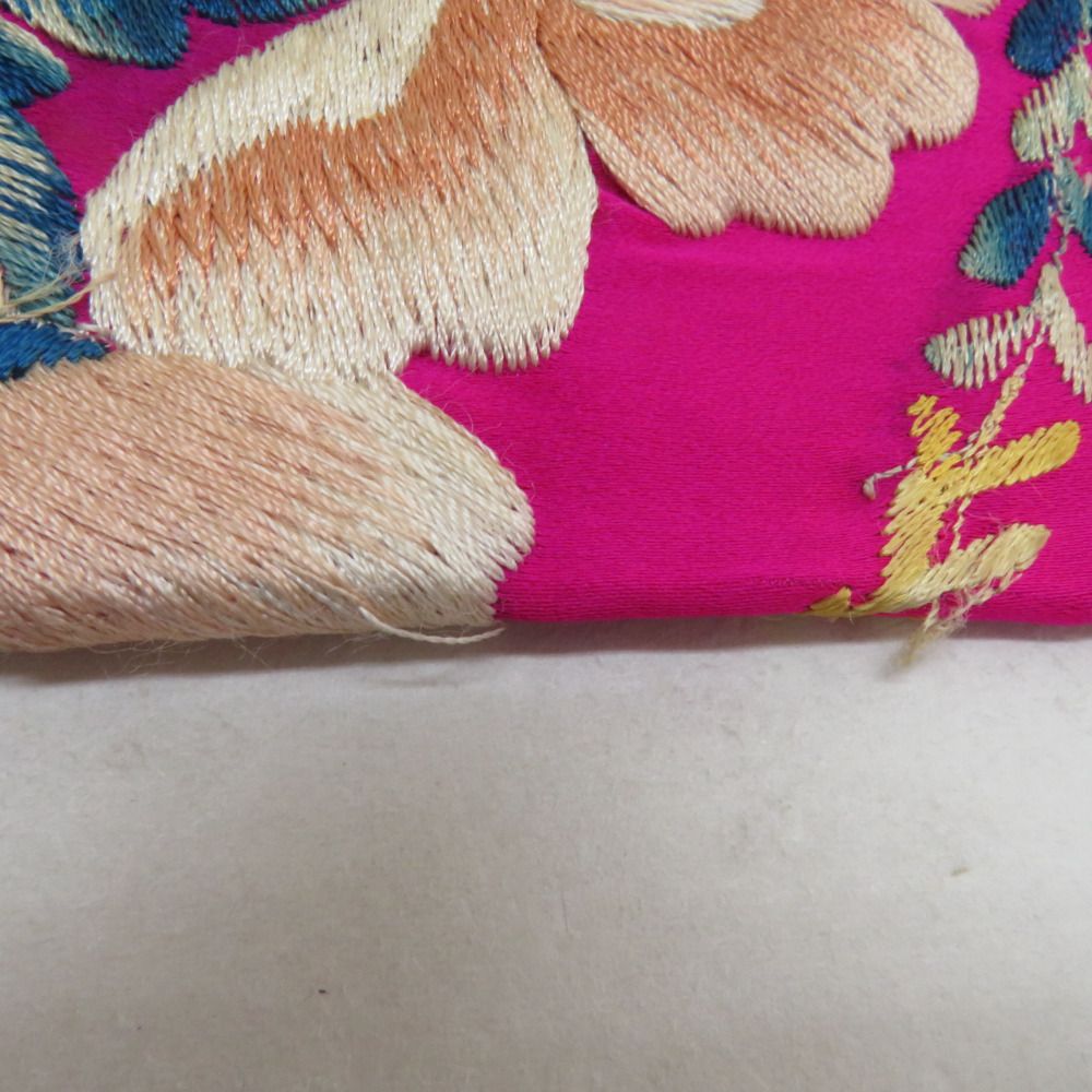 半幅帯 アンティーク 絹 日本刺繍 希少 花柄 ピンクｘベージュｘ青 仕立て上がり 長さ348cm 【キモノオフ野々市若松店】 半幅帯 アンティーク 絹 日本刺繍 希少 花柄 ピンクxベージュx青