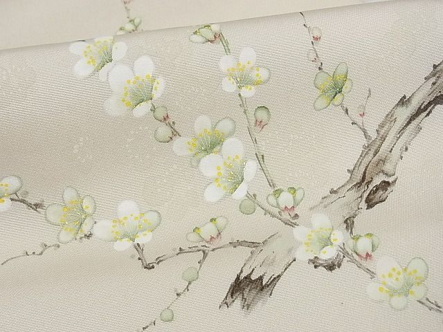 着物屋こころ■塩瀬　九寸名古屋帯　作家物　枝梅文　極上の逸品　ａ541 平和屋着物○塩瀬 九寸名古屋帯 友禅 作家物 枝花文 黒地 正絹 逸品