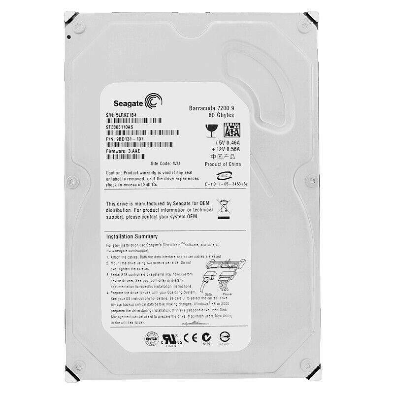 Hard Drive Seagate 80GB ST3808110AS 8MB Cache 7200RPM SATA II 3.5