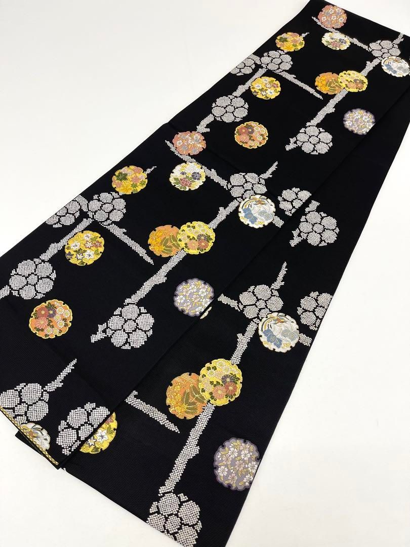 山下織物 歌仙色紙 袋帯 鳳凰 鳥 梅 雪輪に四季の草花 正絹 六通