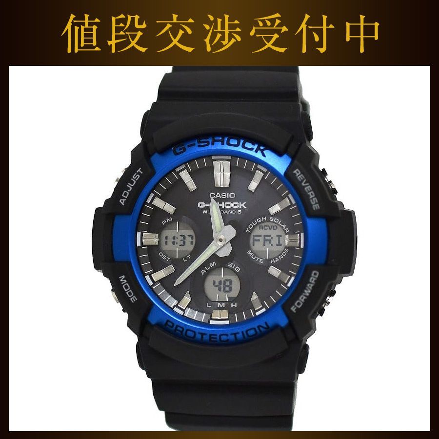 カシオ 腕時計 ブラック ブルー G-Shock GAW-100B 美品電波時計ラバーSS