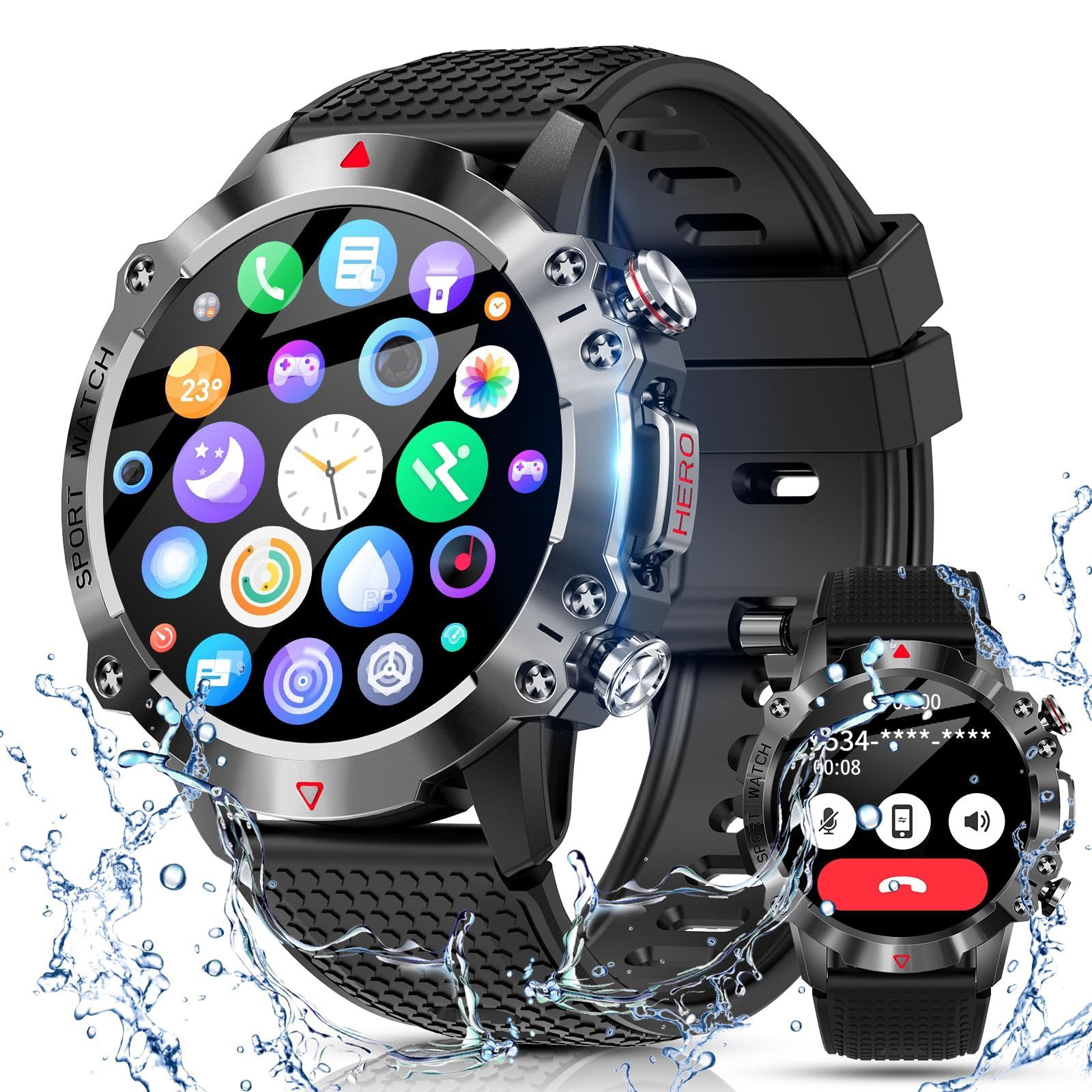 【在庫処分】軍用規格】Bluetooth5.3通話 Line/メッセージ通知 着信通知 スマートウォッチ【2024新登場 防塵防水 長持ちバッテリー 100種類運動モード 遠隔撮影 音楽制御 音声アシスタント 活動量