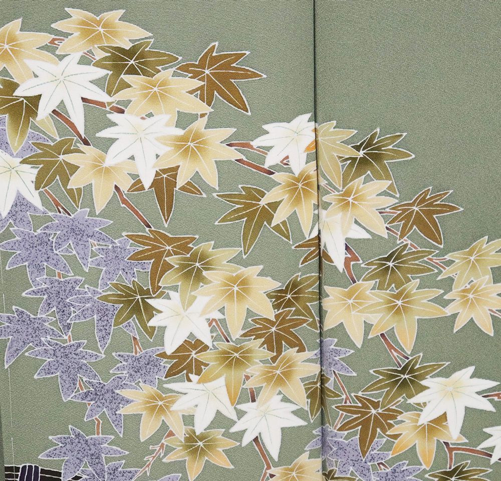 正絹　お稽古着専用 友禅訪問着 袷 正絹 緑 紅葉 楓 Lサイズ ki30954 美品