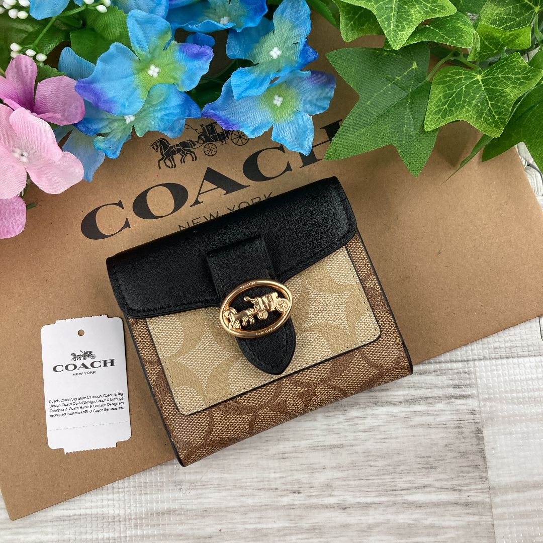 新品 未使用 COACH 財布 レディース 二つ折り ミニ ブラウン/ブラック