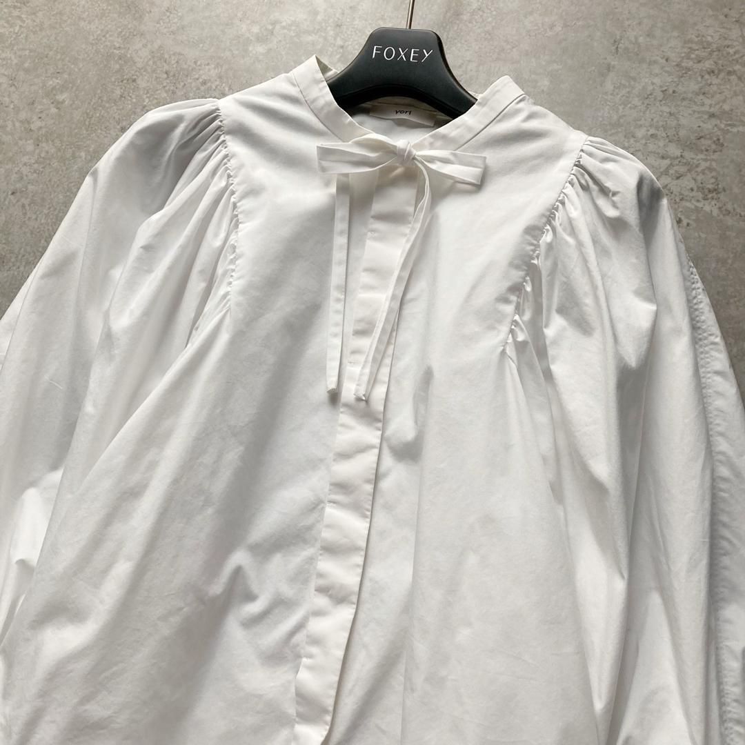 yori ヨリ りぼん リボン パフスリーブ ボリュームスリーブ ブラウス シャツ ボウタイ 長袖 ロングスリーブ ノーカラー 日本製 手洗い ホワイト 白 フリーサイズ