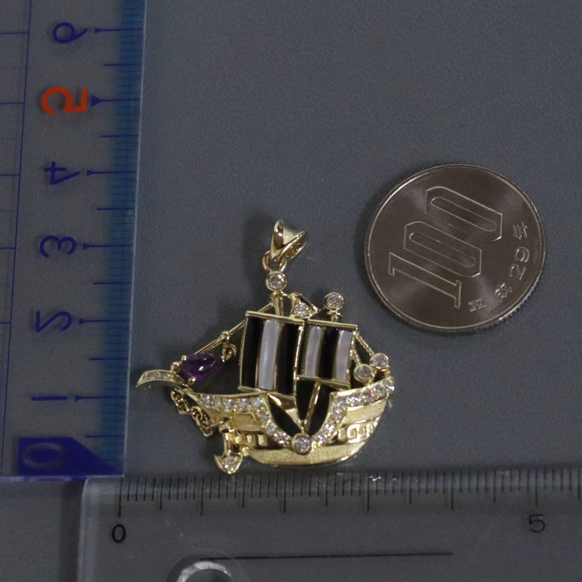 K18ダイヤモンドアメジストペンダントトップ D0.43 6.1g 帆船モチーフ  