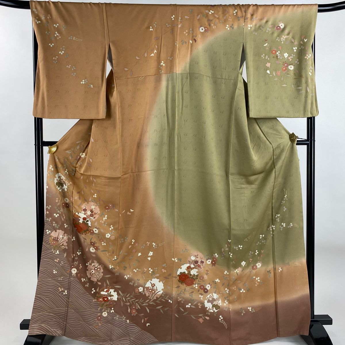 訪問着 身丈166cm 裄丈68cm L 袷 雪輪 草花 金糸 金彩 薄オレンジ 正絹 秀品