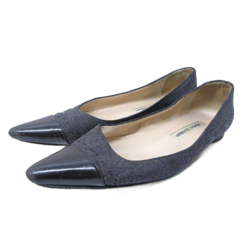 マノロブラニク MANOLO BLAHNIK フラットパンプス ポインテッドトゥ エナメル切替 グレー 37 約24.5cm IBO79